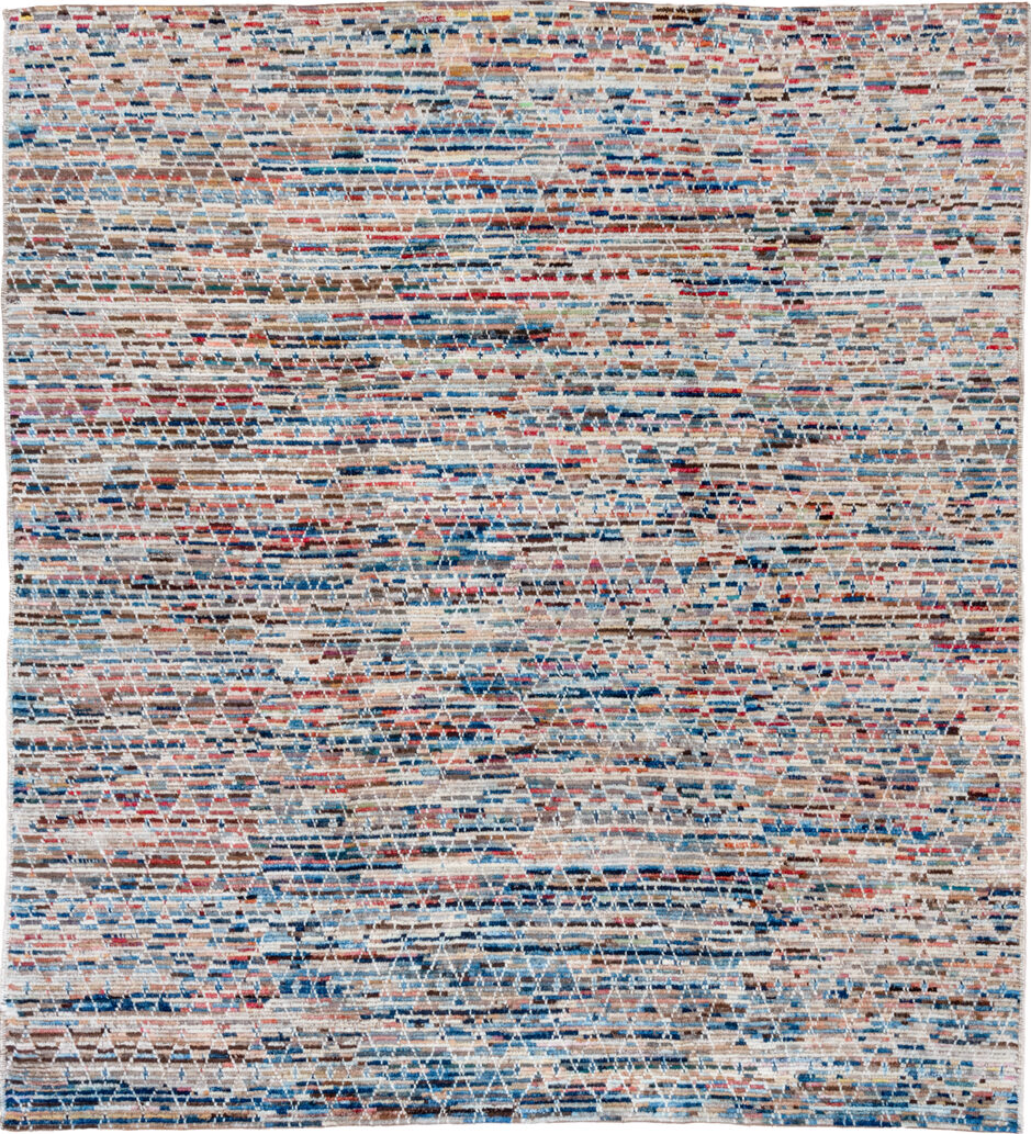 8' x 9' one-of-a-kind handmade vintage Tulu rug. Color palette: black, blue, brown, dark gray, gainsboro, gray, light gray