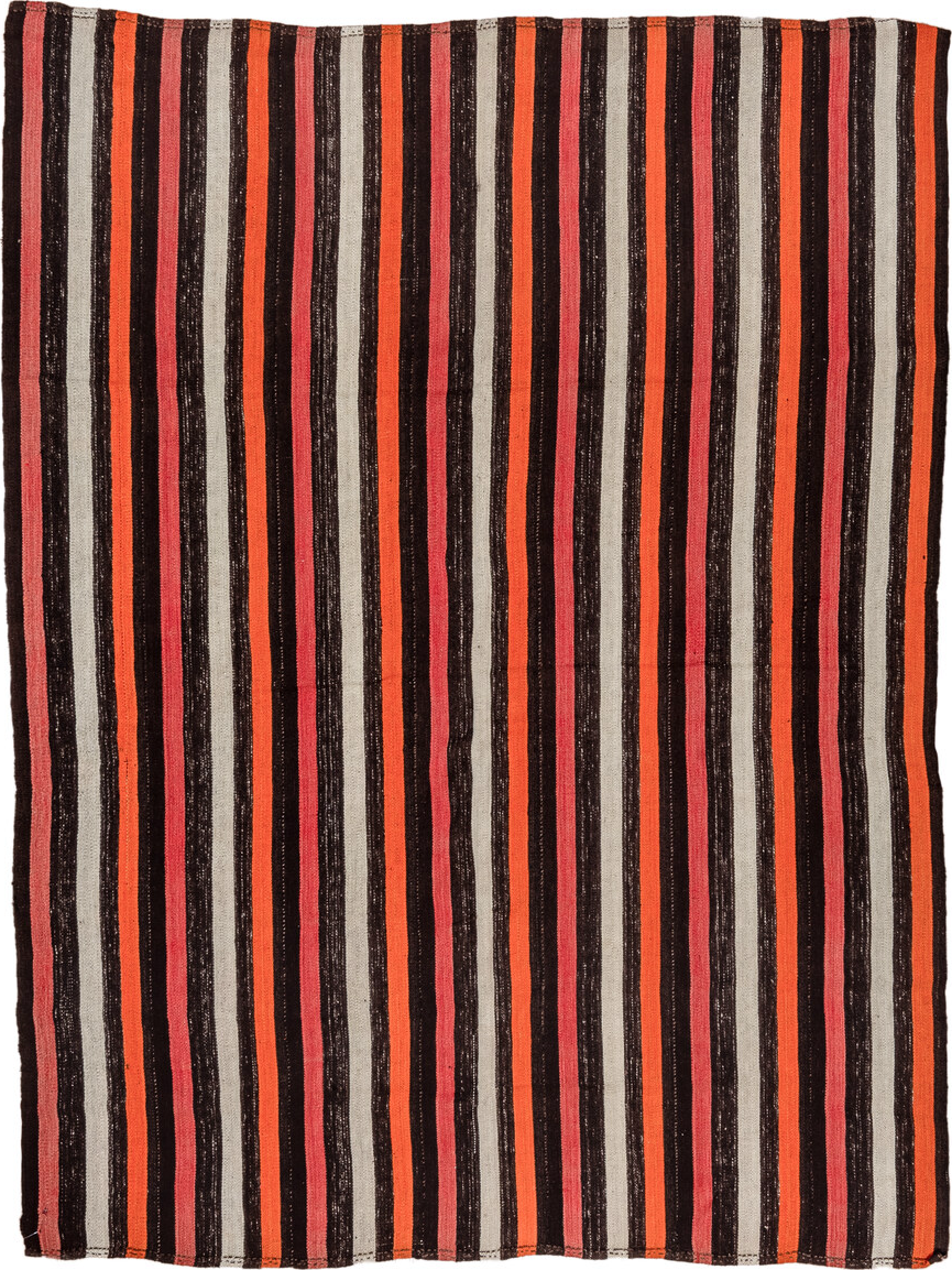 6' x 8' one-of-a-kind handmade vintage Kilim medium size rug. Color palette: black, brown, coral, fire brick, gray