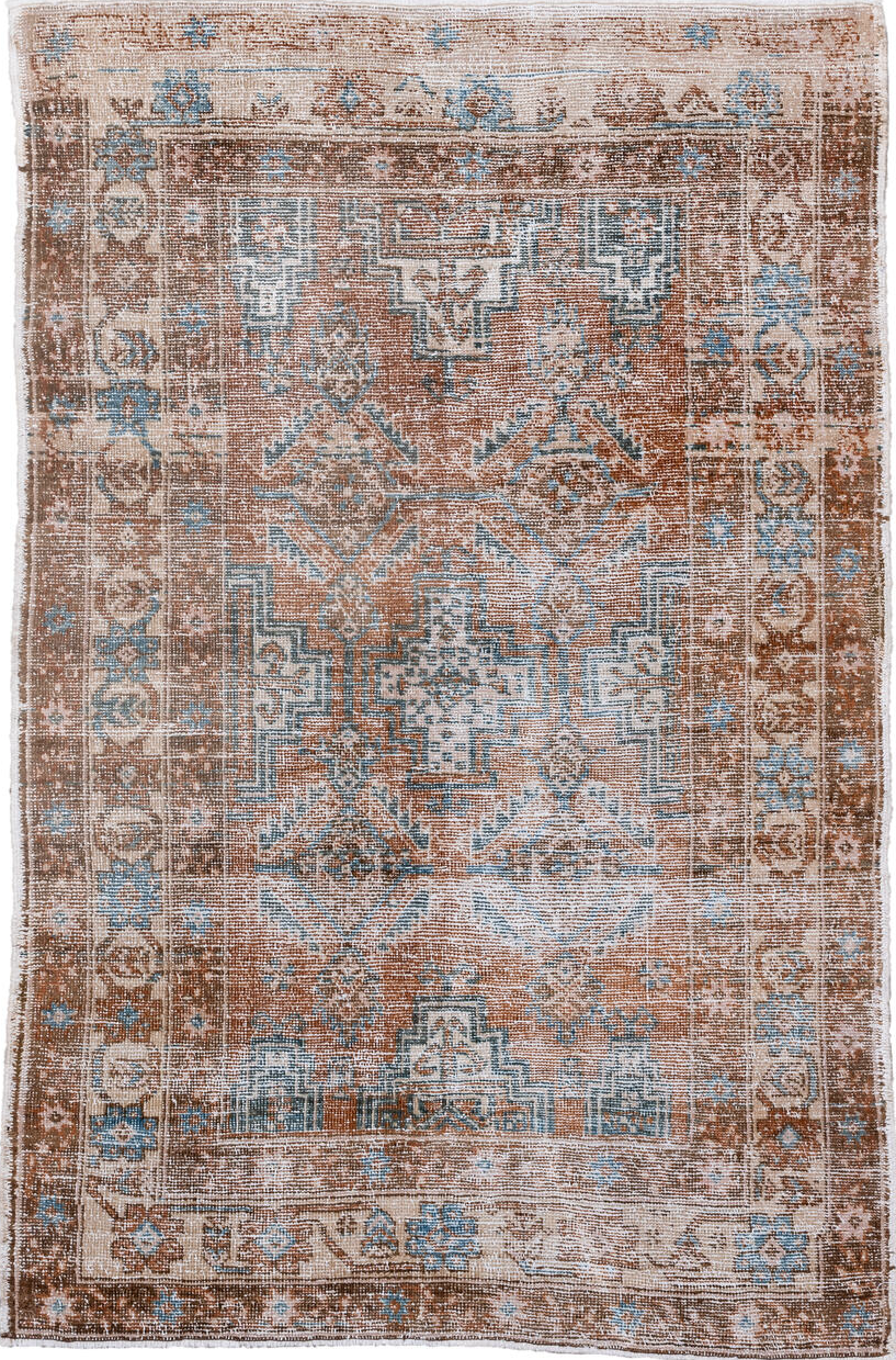 3' x 5' one-of-a-kind handmade vintage Afshar small size rug. Color palette: blue, brown, dark gray, dim gray, gray
