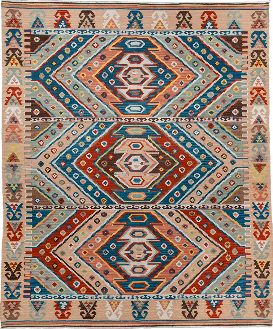 8' x 9' one-of-a-kind handmade vintage Kilim rug. Color palette: arapawa, black, blue, brown, charcoal, gray, light gray