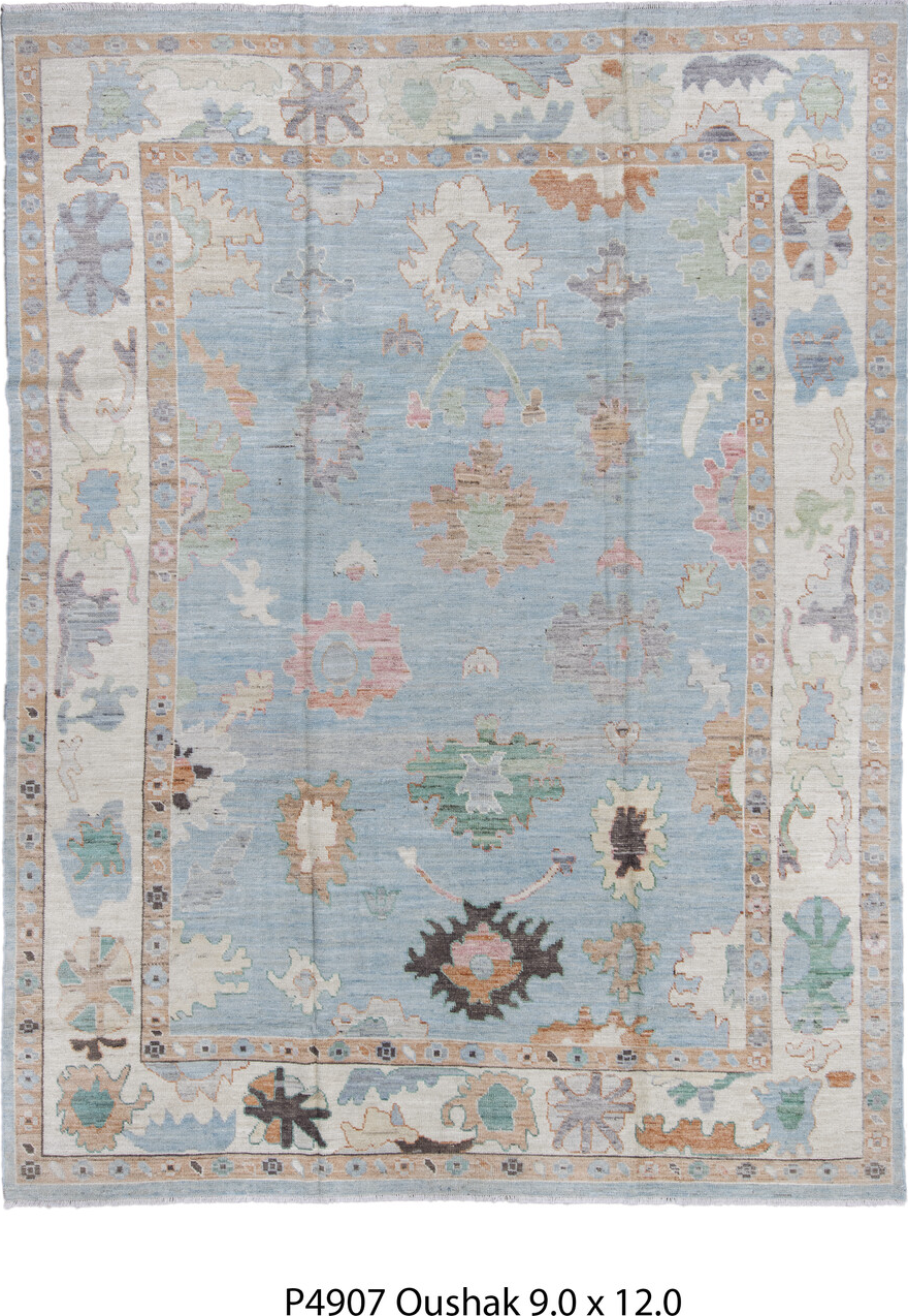 9' x 12' one-of-a-kind handmade vintage Oushak large size rug. Color palette: brown, dark gray, dim gray, gray, light blue
