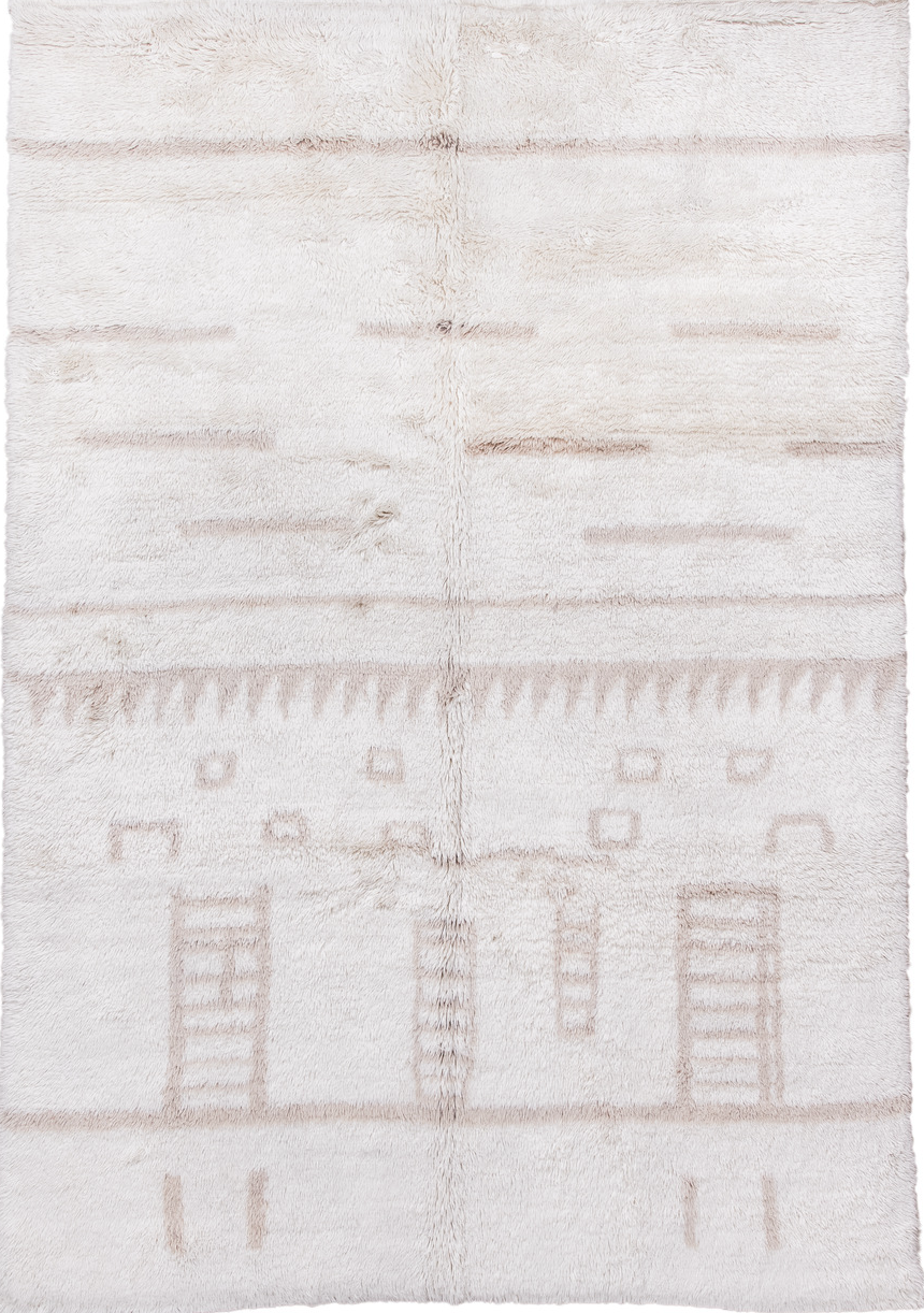 6' x 9' one-of-a-kind handmade vintage Moroccan medium size rug. Color palette: light gray, pink, off-white, gray, linen