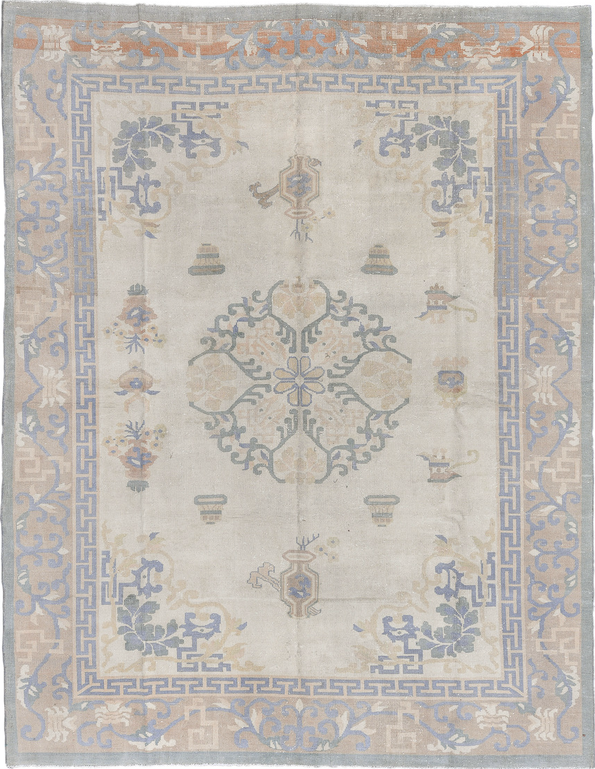 8' x 11' one-of-a-kind handmade vintage Chinese large size rug. Color palette: brown, dark gray, dim gray, gainsboro, gray