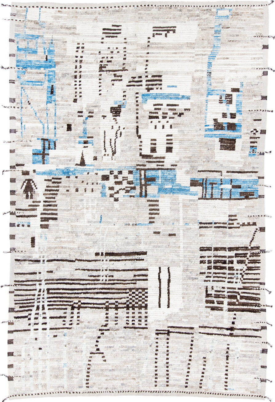 8' x 12' one-of-a-kind handmade vintage Tulu large size rug. Color palette: black, blue, gray, light blue, light gray