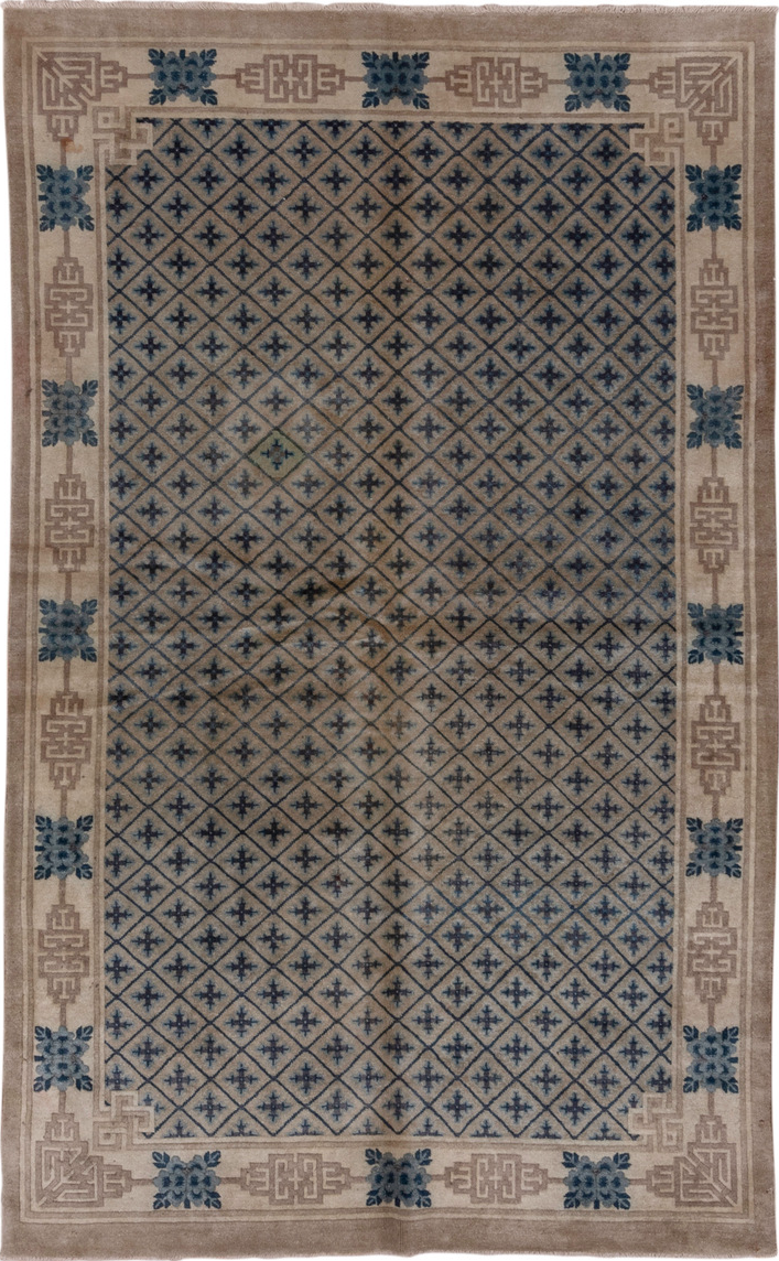 4' x 7' one-of-a-kind handmade vintage Chinese rug. Color palette: black, blue, brown, charcoal, dark slate gray, gray, pink