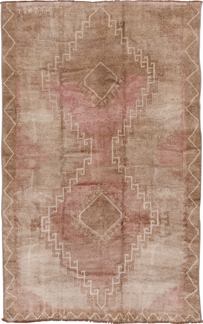 6' x 9' one-of-a-kind handmade vintage Oushak medium size rug. Color palette: brown, gray, light gray, off-white, pink, snow