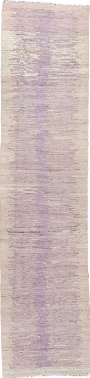 3' x 12' one-of-a-kind handmade vintage Kilim runner rug. Color palette: gray, light gray, off-white, pink, silver