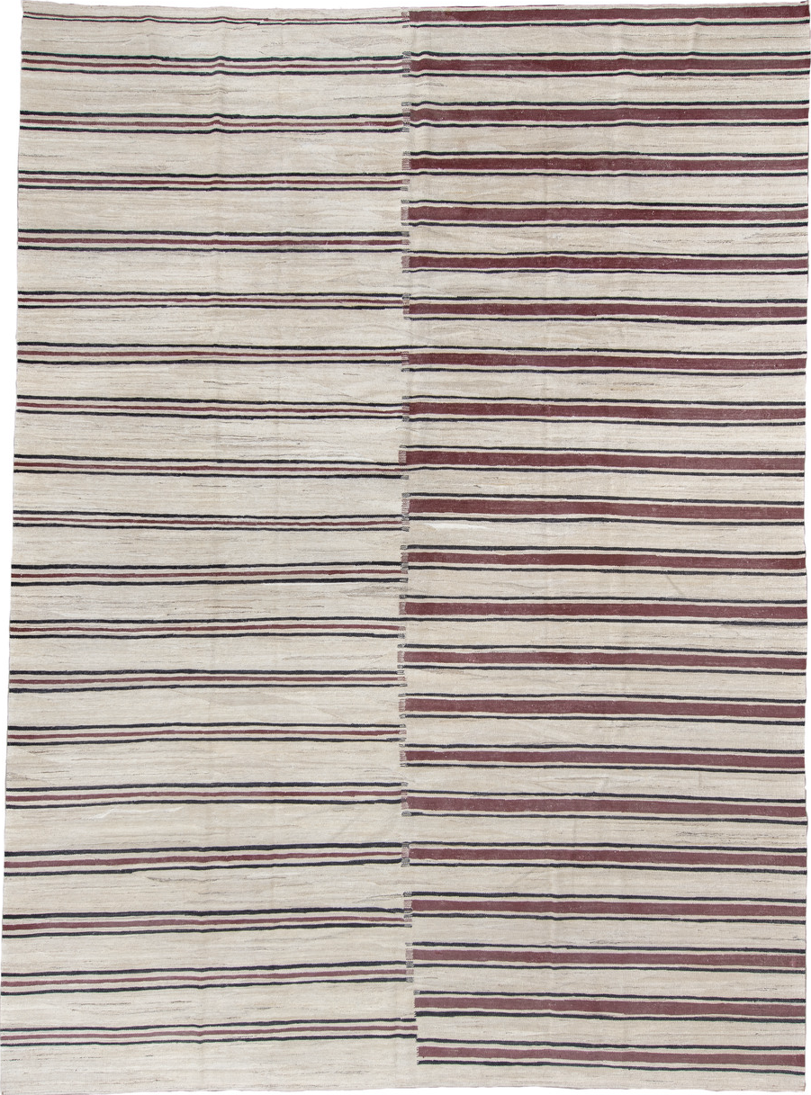 9' x 13' one-of-a-kind handmade vintage Tulu large size rug. Color palette: brown, gray, blue, light gray, off-white, black