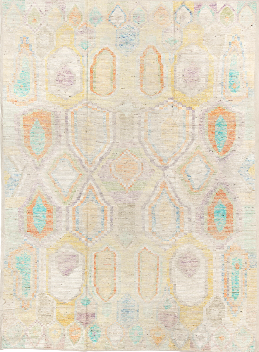 10' x 13' one-of-a-kind handmade vintage Tulu large size rug. Color palette: antiquewhite, blue, brown, gainsboro, gray