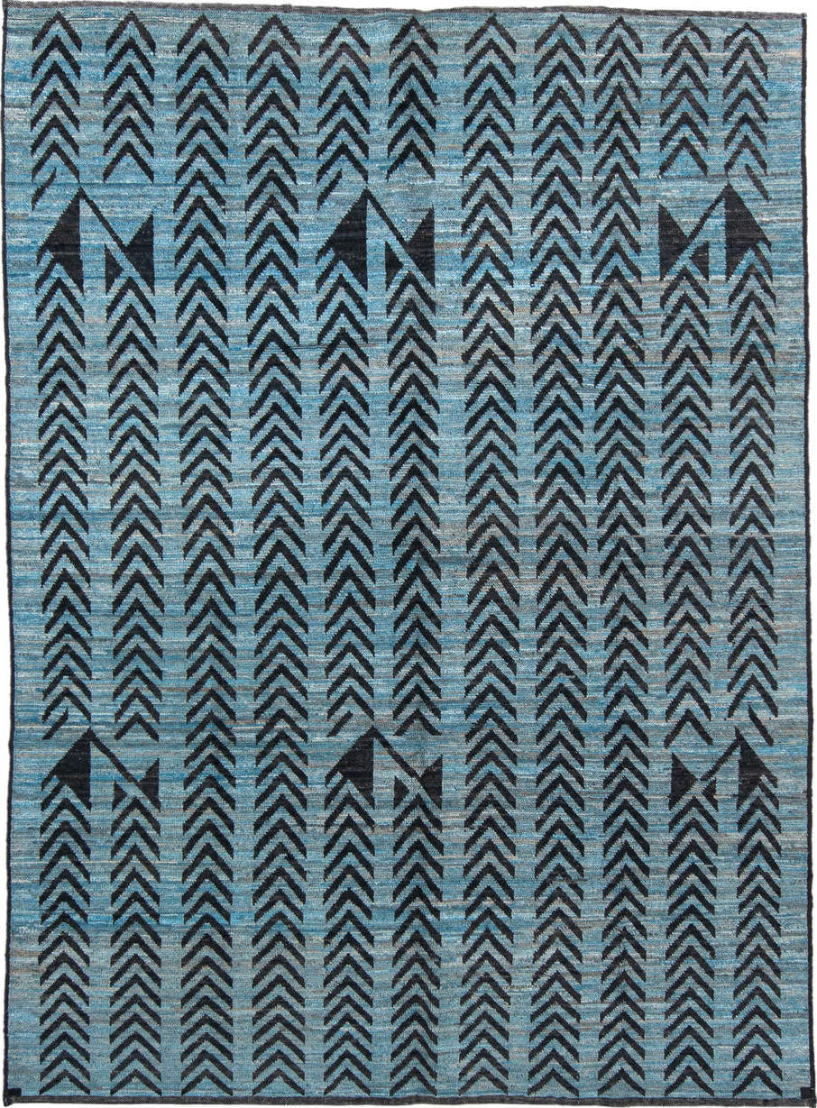 6' x 9' one-of-a-kind handmade vintage Tulu medium size rug. Color palette: gray, blue, black, light blue, light gray