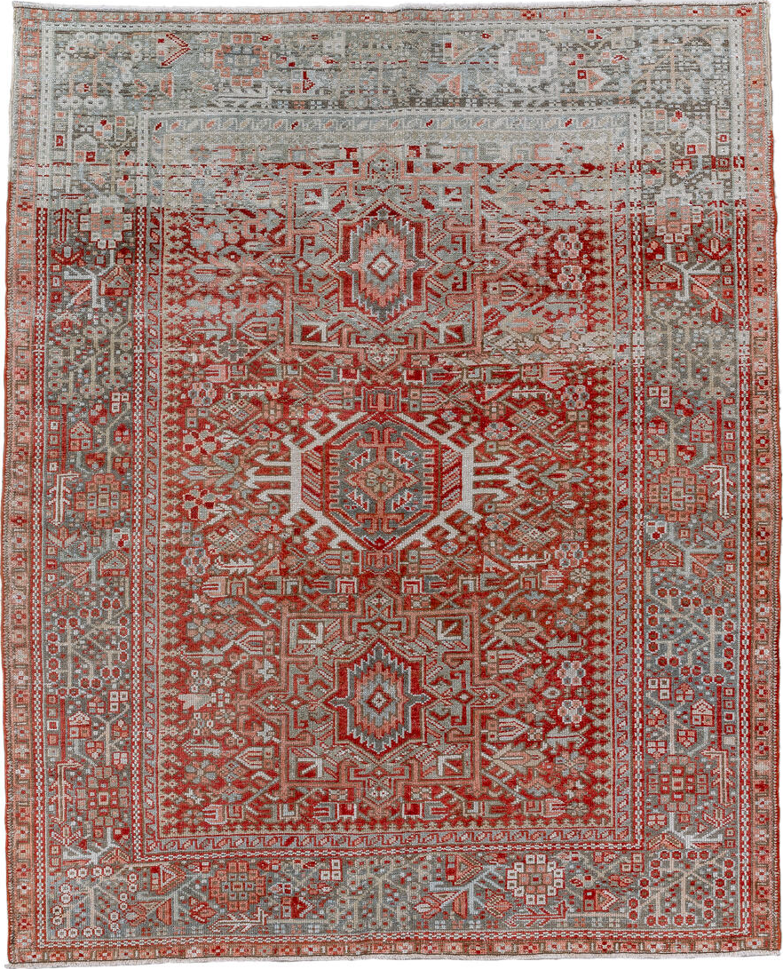 5' x 6' one-of-a-kind handmade vintage Karaje rug. Color palette: black, brown, charcoal, dark gray, gainsboro, gray