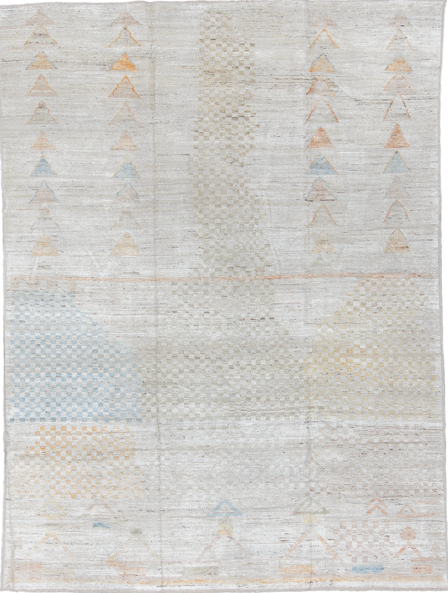 9' x 12' one-of-a-kind handmade vintage Tulu large size rug. Color palette: blue, brown, burlywood, dark gray, gainsboro