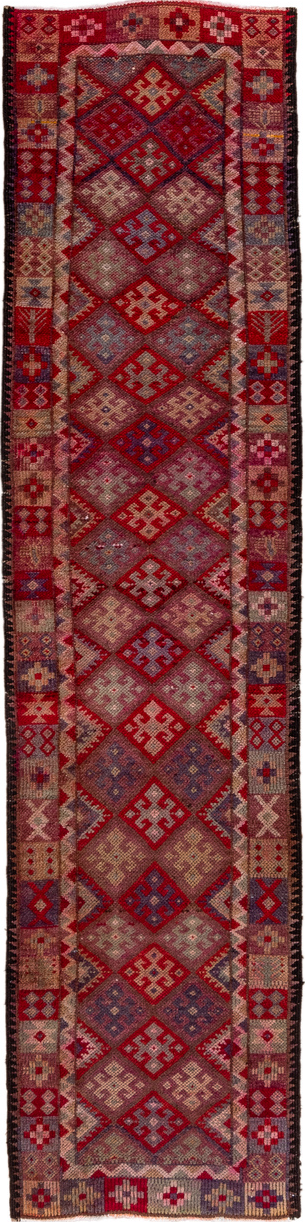 2' x 11' one-of-a-kind handmade vintage Oushak runner rug. Color palette: black, brown, burgundy, gray, pink, red