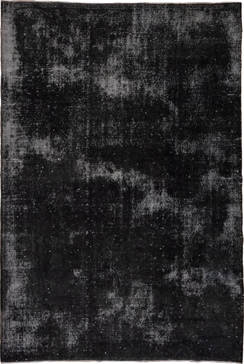 5' x 8' one-of-a-kind handmade vintage Overdyed medium size rug. Color palette: black, blue, charcoal, dark gray, dim gray
