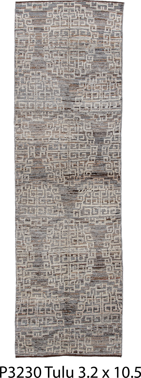 3' x 10' one-of-a-kind handmade vintage Tulu runner rug. Color palette: gainsboro, gray, light gray, off-white, pink, silver