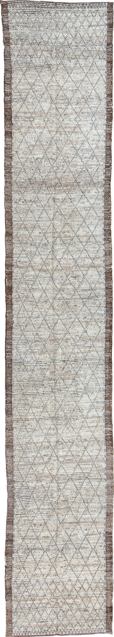 2' x 16' one-of-a-kind handmade vintage Tulu runner rug. Color palette: black, blue, brown, dark gray, gray, light blue