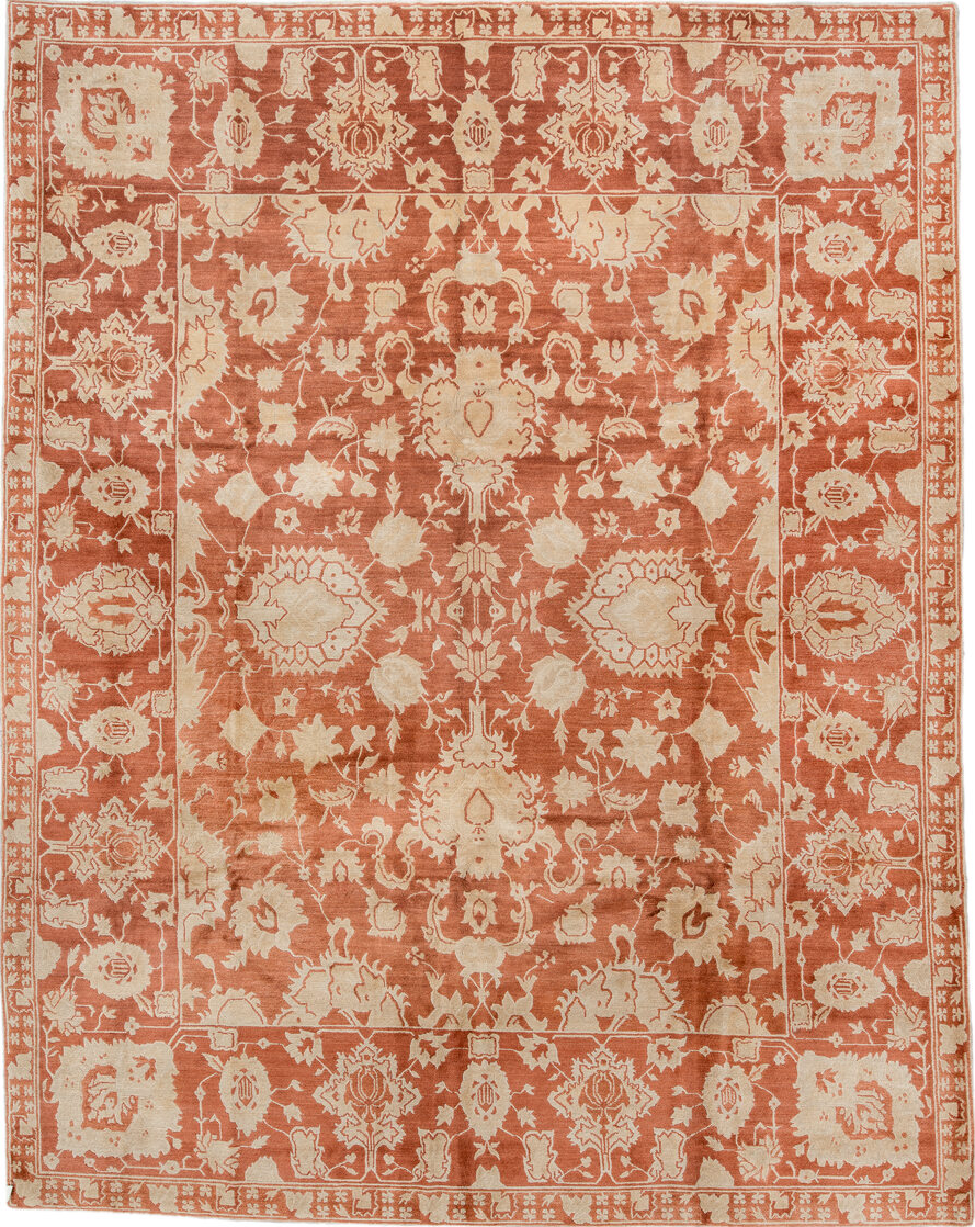 8' x 10' one-of-a-kind handmade vintage  large size rug. Color palette: brown, gray, off-white, orange, pink, sienna, tan