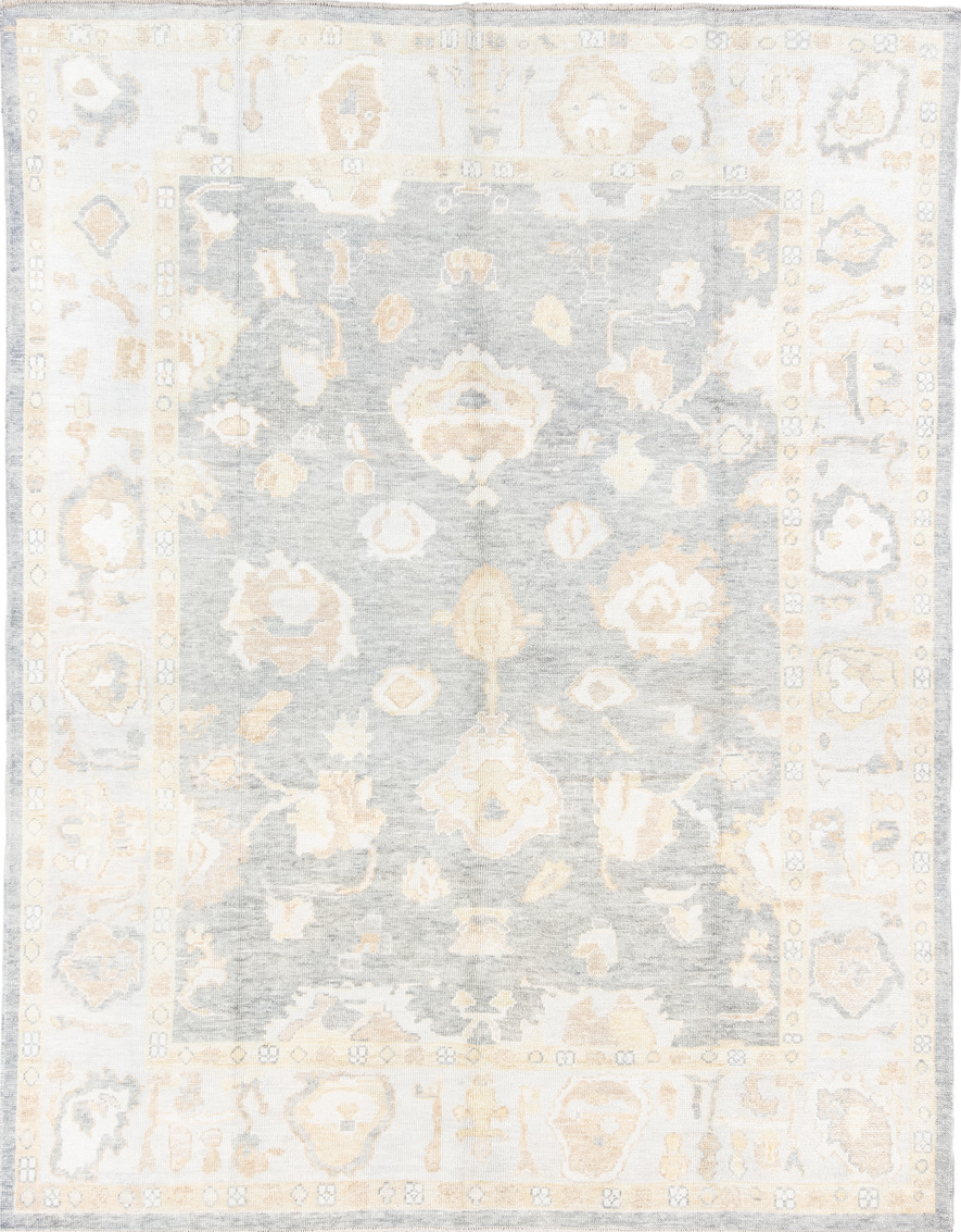 8' x 11' one-of-a-kind handmade vintage Oushak large size rug. Color palette: gray, light gray, off-white, orange