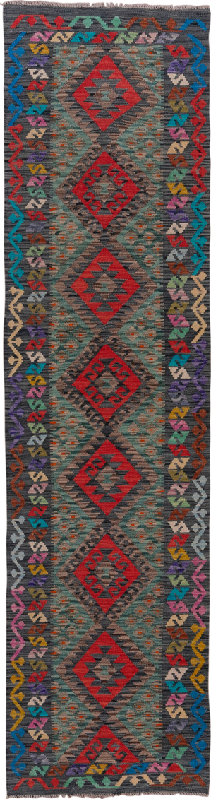 2' x 9' one-of-a-kind handmade vintage Kilim runner rug. Color palette: black, blue, brown, charcoal, gray, pink, red