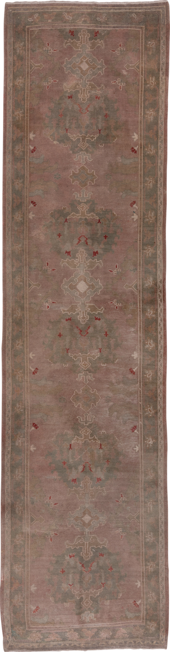4' x 16' one-of-a-kind handmade vintage Oushak runner rug. Color palette: brown, gray, off-white, pink, red, snow, white