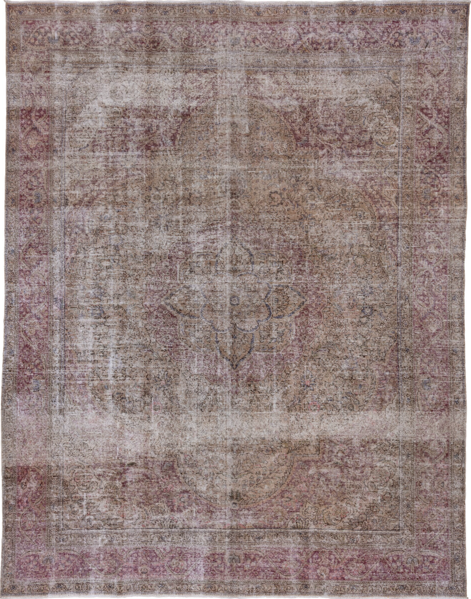 9' x 12' one-of-a-kind handmade vintage Tabriz large size rug. Color palette: brown, gray, light gray, pink, red, silver