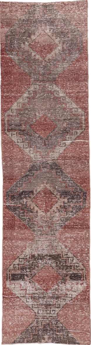 2' x 10' one-of-a-kind handmade vintage Oushak runner rug. Color palette: brown, gray, light gray, off-white, pink, red