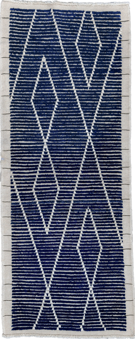 2' x 6' one-of-a-kind handmade vintage Tulu runner rug. Color palette: black, blue, dark gray, dim gray, gainsboro, gray