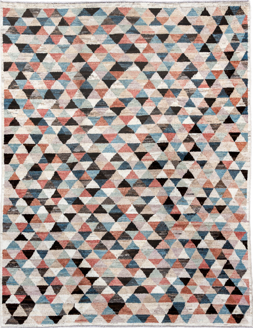 8' x 10' one-of-a-kind handmade vintage Tulu large size rug. Color palette: off-white, gray, blue, black, light gray, pink