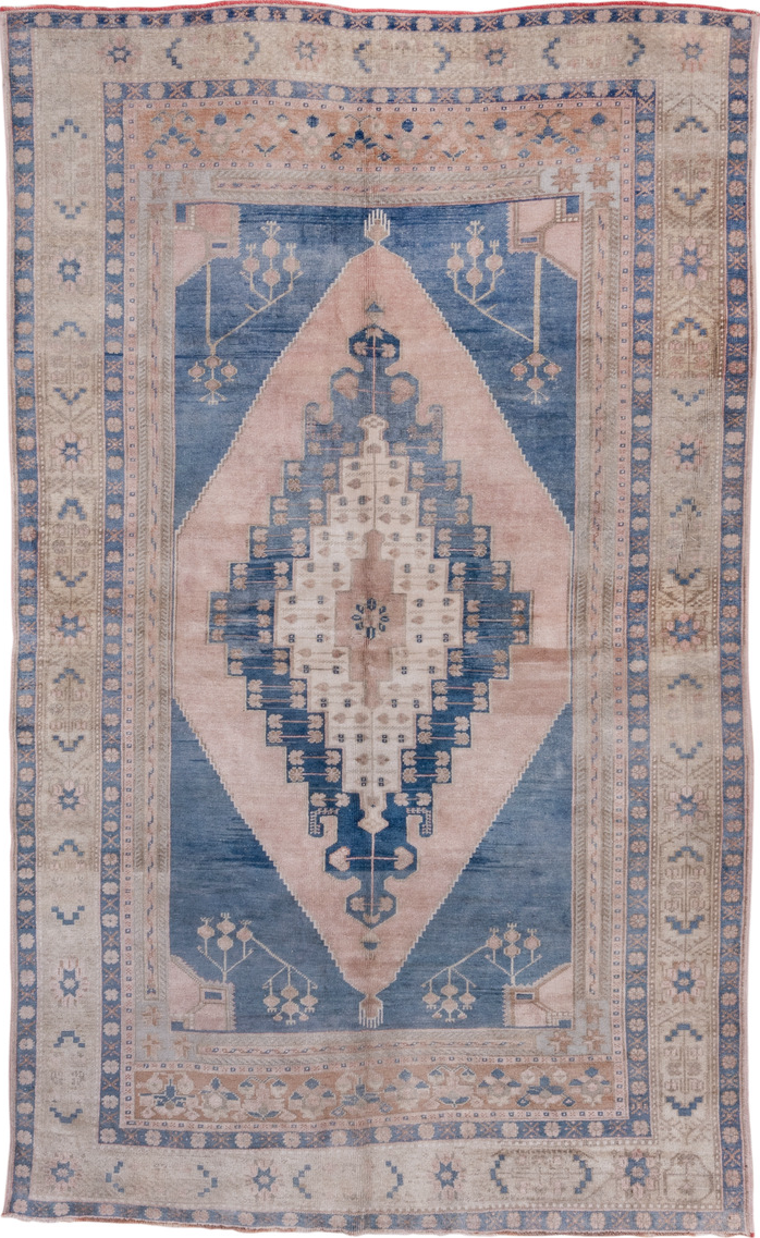 5' x 9' one-of-a-kind handmade vintage Oushak medium size rug. Color palette: blue, fiord, gray, light gray