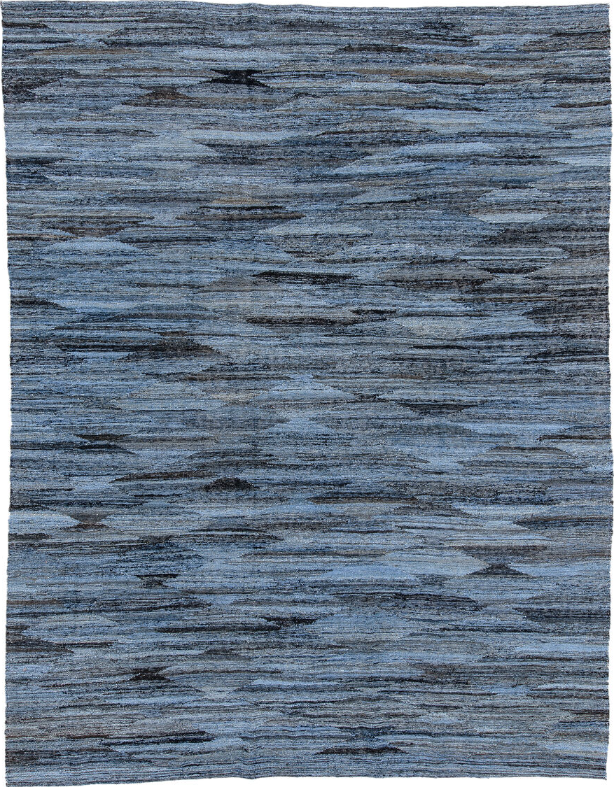 9' x 12' one-of-a-kind handmade vintage Kilim large size rug. Color palette: arapawa, black, blue, dark gray, dim gray
