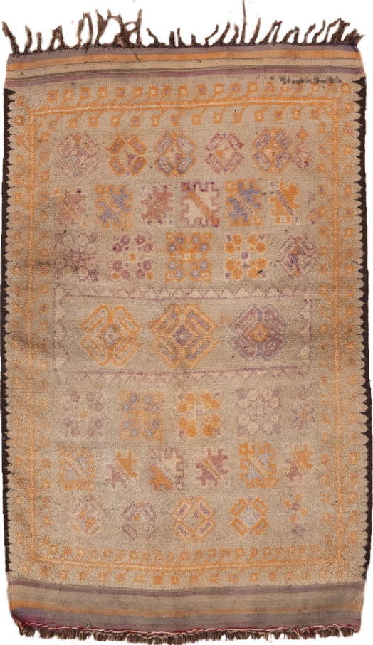 3' x 5' one-of-a-kind handmade vintage Moroccan small size rug. Color palette: brown, gray, red, tan