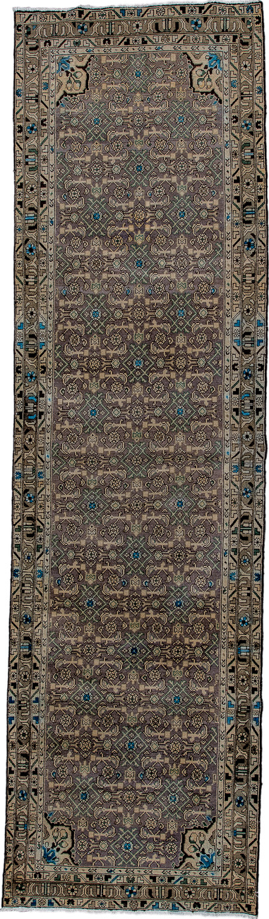 3' x 13' one-of-a-kind handmade vintage Malayer runner rug. Color palette: black, blue, brown, charcoal, gray, green