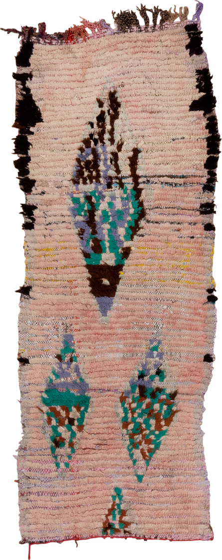 2' x 6' one-of-a-kind handmade vintage Rag Rug runner rug. Color palette: blue, brown, gray, green, pink, redwood