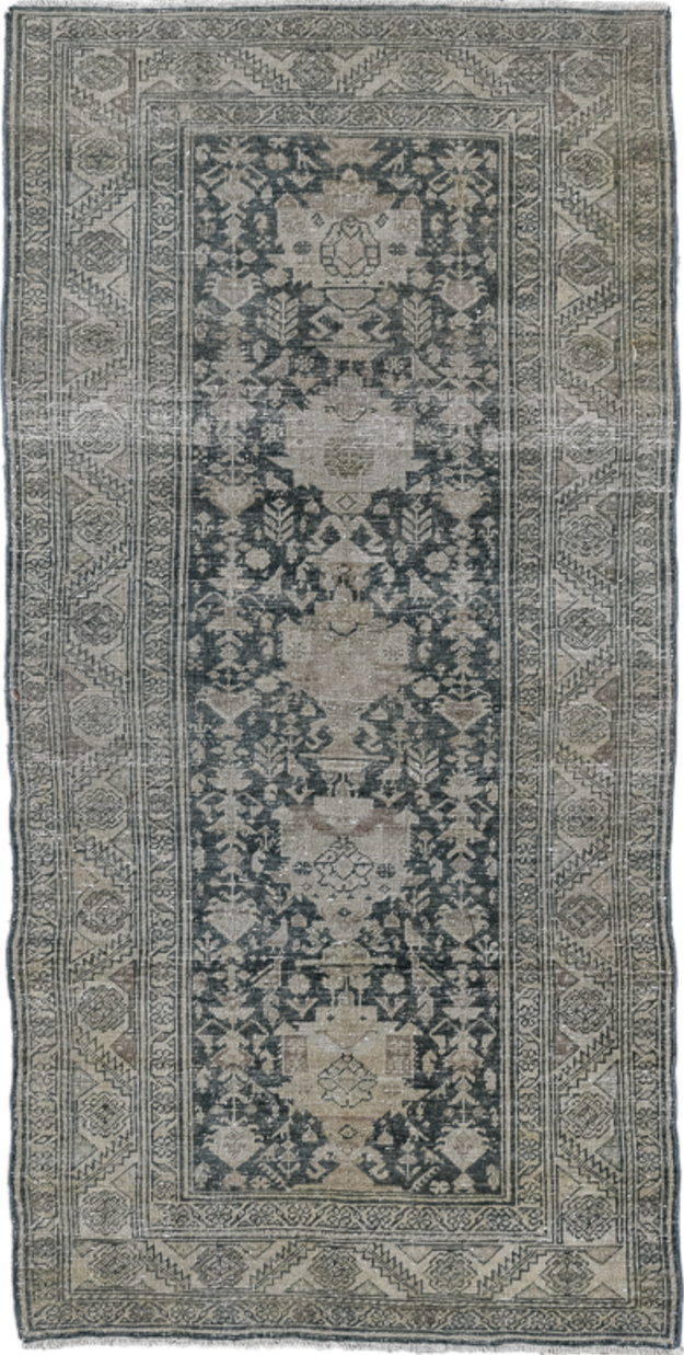 3' x 7' one-of-a-kind handmade vintage Sarab runner rug. Color palette: black, blue, charcoal, dark gray, dim gray, gray