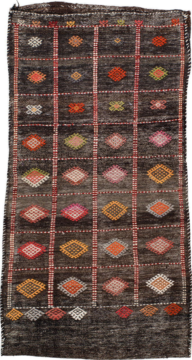 2' x 4' one-of-a-kind handmade vintage Jijim small size rug. Color palette: red, pink, gray, brown, off-white, light gray