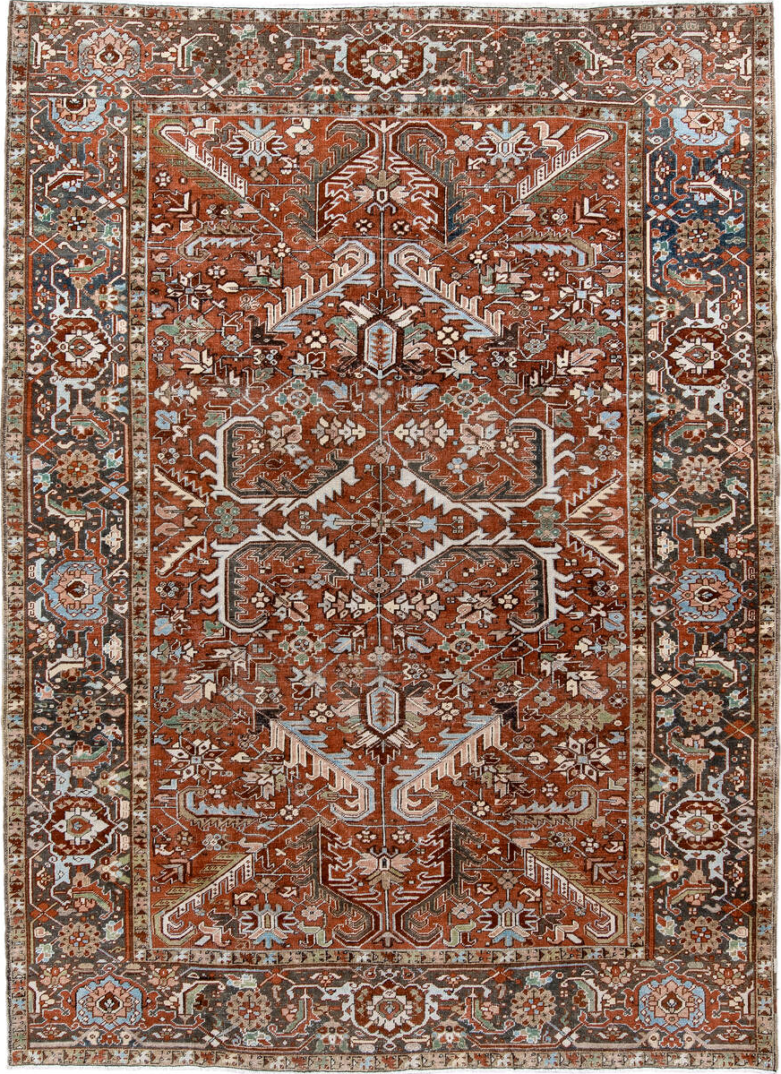 7' x 10' one-of-a-kind handmade vintage Heriz large size rug. Color palette: black, blue, brown, charcoal, dark gray