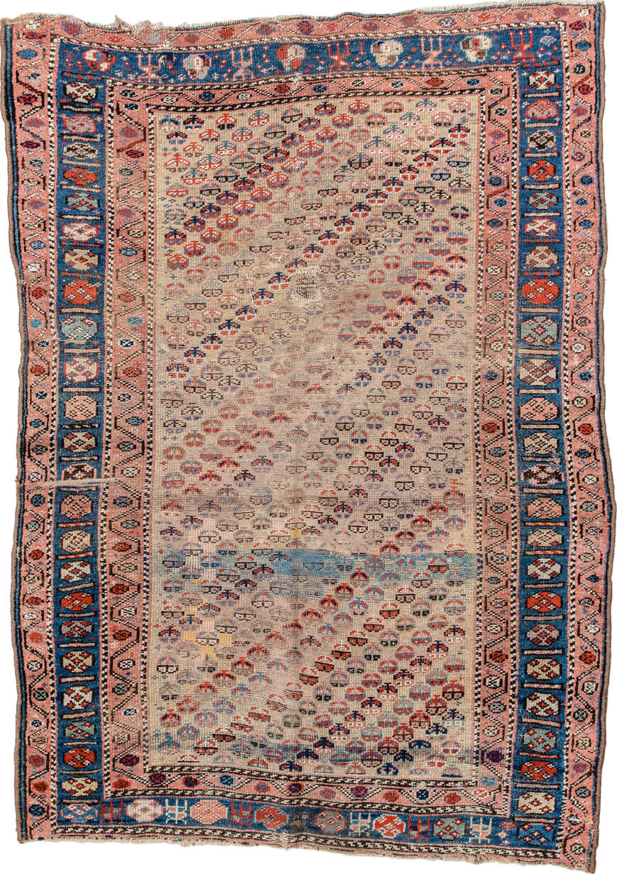 4' x 6' one-of-a-kind handmade vintage Kurd small size rug. Color palette: brown, red, off-white, gray, blue, black, pink