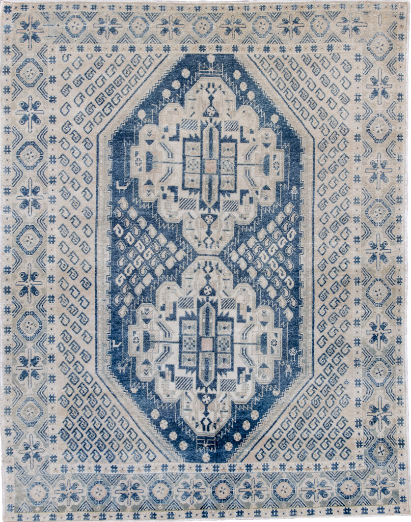 4' x 5' one-of-a-kind handmade vintage Afshar small size rug. Color palette: blue, dark gray, fiord, gainsboro, gray