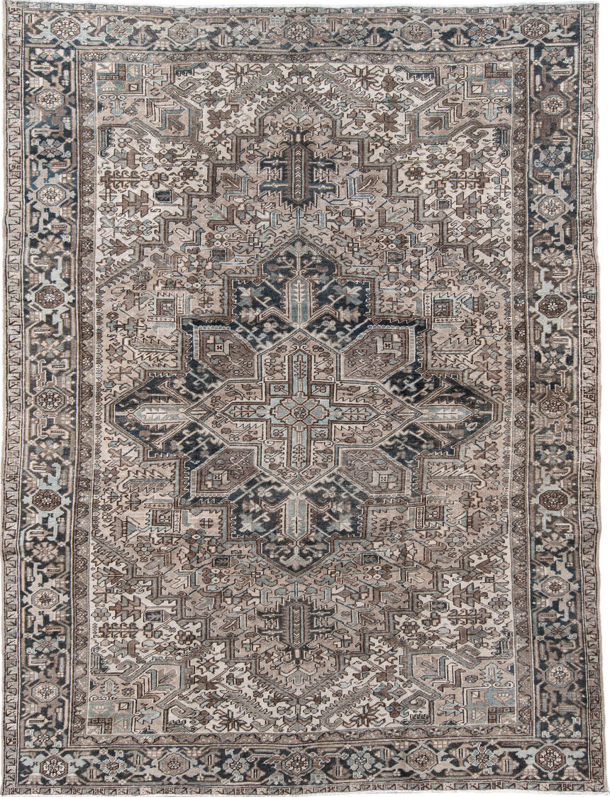 8' x 11' one-of-a-kind handmade vintage Heriz large size rug. Color palette: black, brown, charcoal, dark gray, dim gray