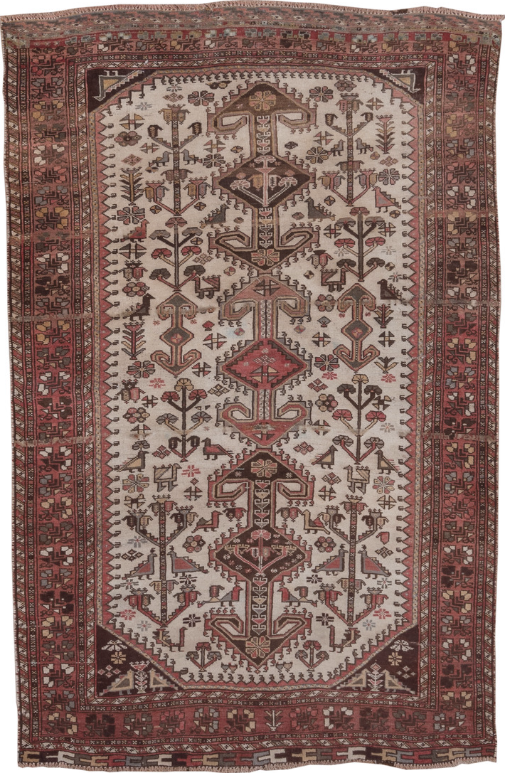4' x 6' one-of-a-kind handmade vintage Afshar small size rug. Color palette: brown, gray, light gray, off-white, pink, red