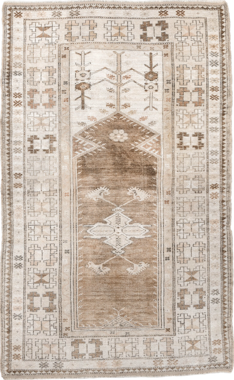 3' x 6' one-of-a-kind handmade vintage Anatolian small size rug. Color palette: antiquewhite, brown, dim gray, gray