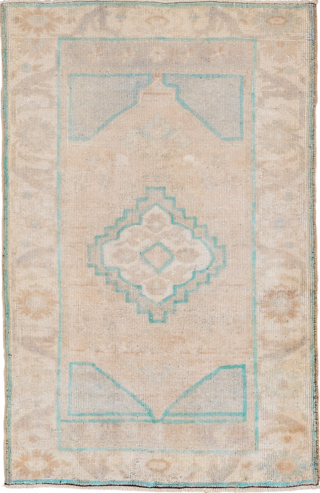 2' x 4' one-of-a-kind handmade vintage Oushak small size rug. Color palette: blue, brown, dim gray, gray, light blue