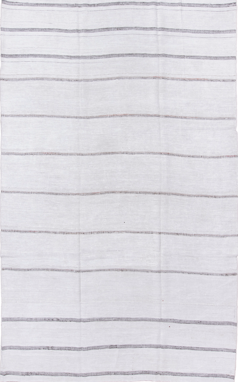 7' x 12' one-of-a-kind handmade vintage Flatweave large size rug. Color palette: gray, light gray, pink, off-white