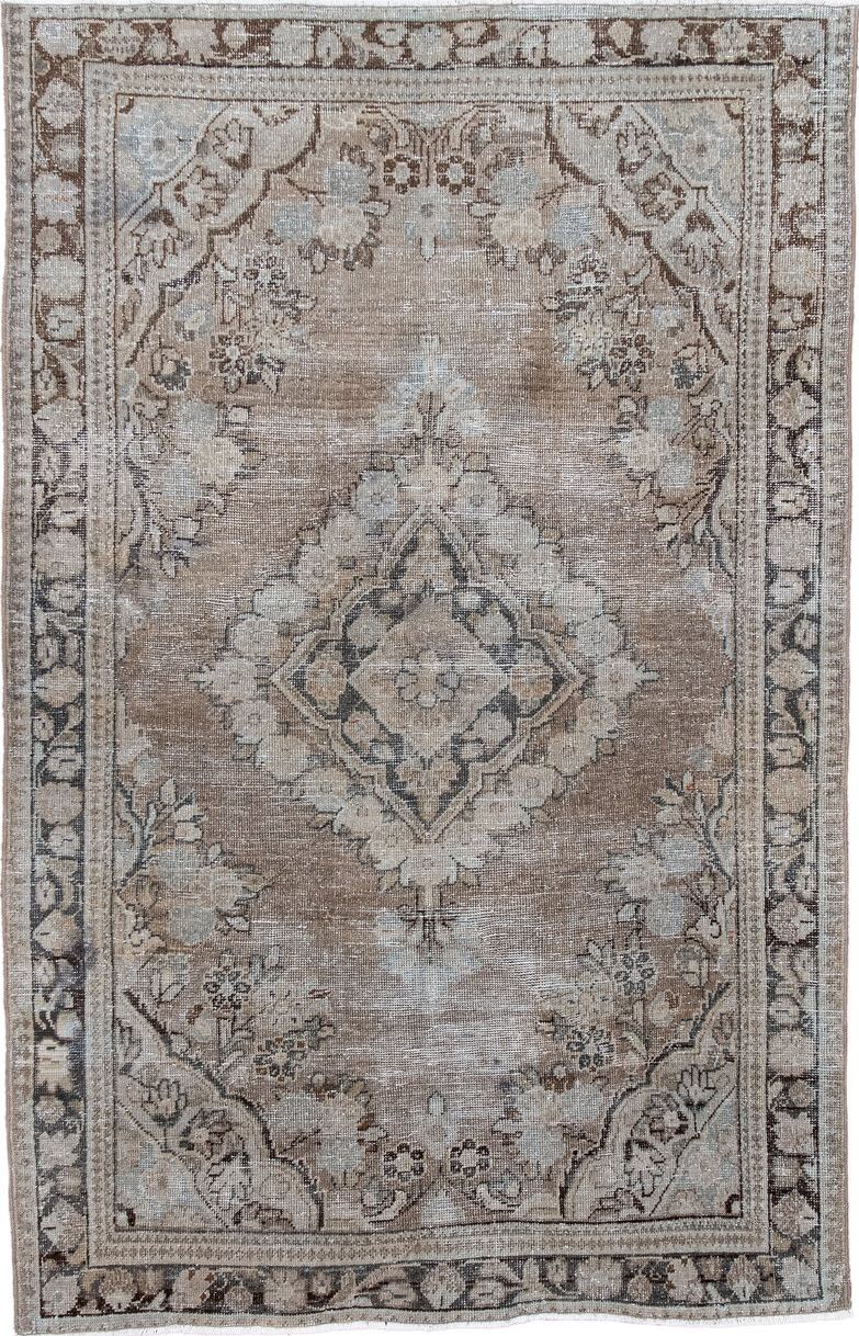 4' x 6' one-of-a-kind handmade vintage Mahal small size rug. Color palette: black, blue, charcoal, dark gray, dim gray