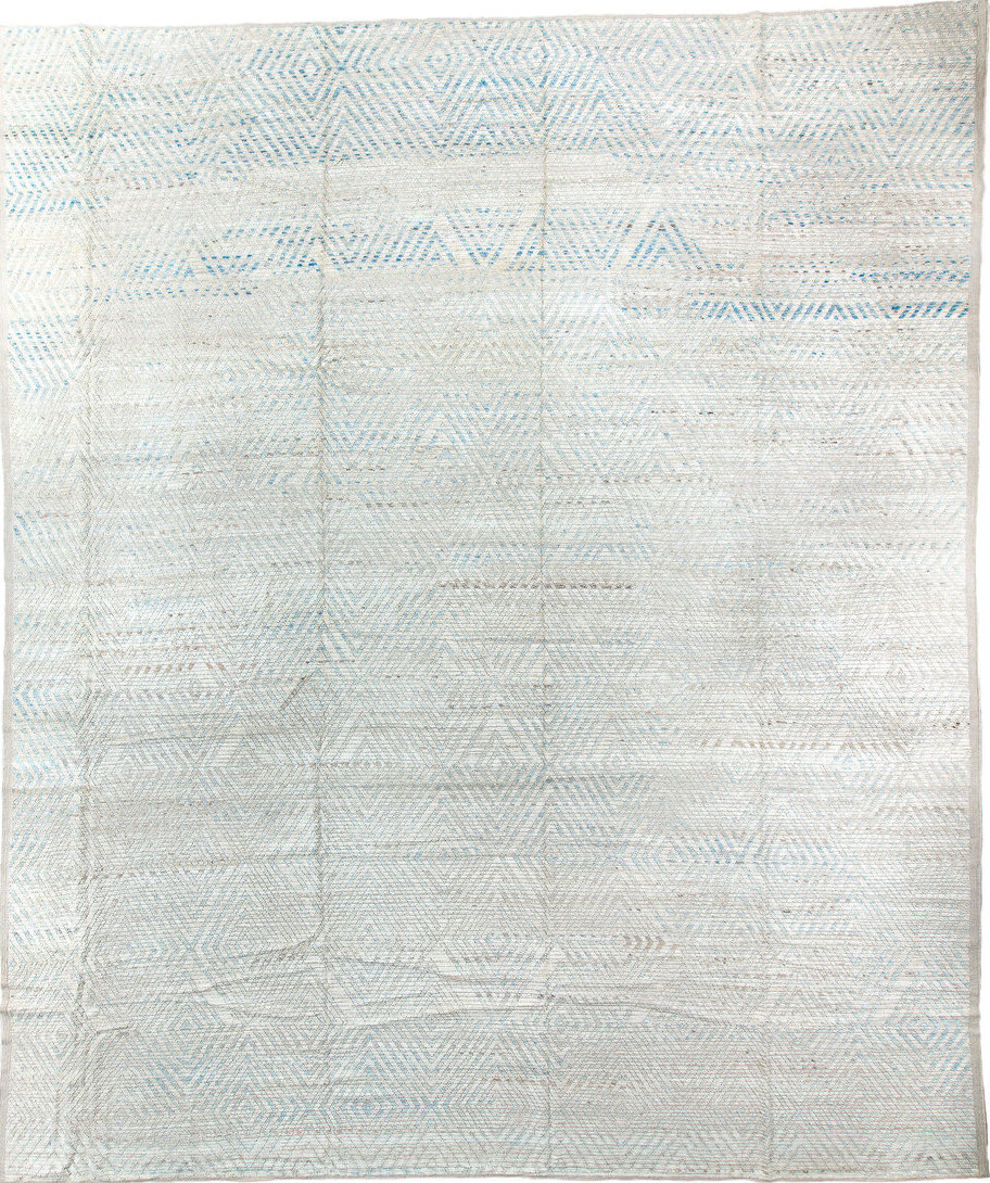 13' x 16' one-of-a-kind handmade vintage Tulu oversize rug. Color palette: alice blue, azure, black, blue, charcoal