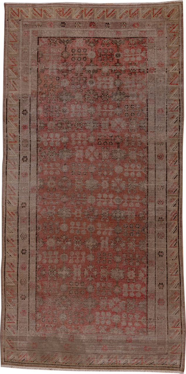 6' x 12' one-of-a-kind handmade vintage Khotan large size rug. Color palette: brown, gray, pink, red, redwood