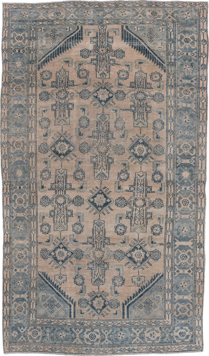 4' x 7' one-of-a-kind handmade vintage Malayer rug. Color palette: black, blue, charcoal, dark gray, dim gray, gainsboro