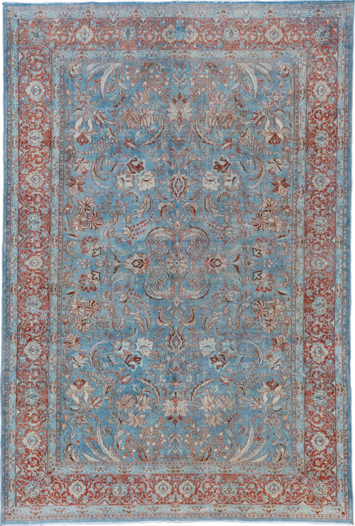 6' x 9' one-of-a-kind handmade vintage Tabriz medium size rug. Color palette: blue, brown, gray, light blue, light gray