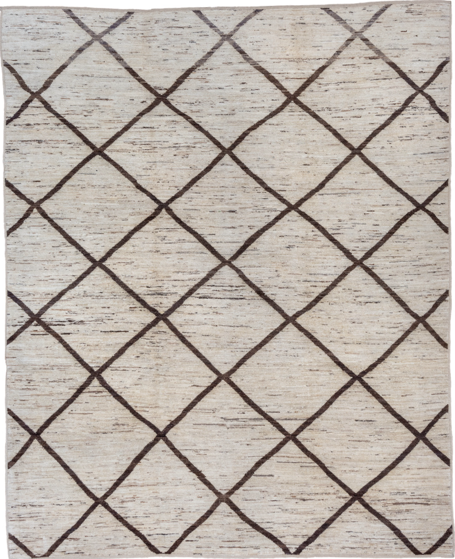 8' x 9' one-of-a-kind handmade vintage Tulu rug. Color palette: brown, dark gray, gainsboro, gray, light gray, off-white