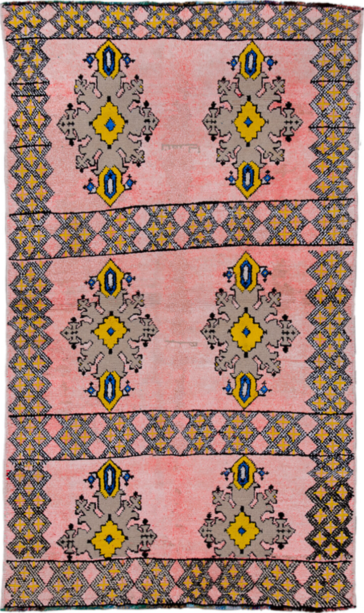4' x 6' one-of-a-kind handmade vintage Moroccan small size rug. Color palette: gray, blue, brown, yellow, pink, red